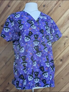 Purple Halloween Skull Print Scrub Top